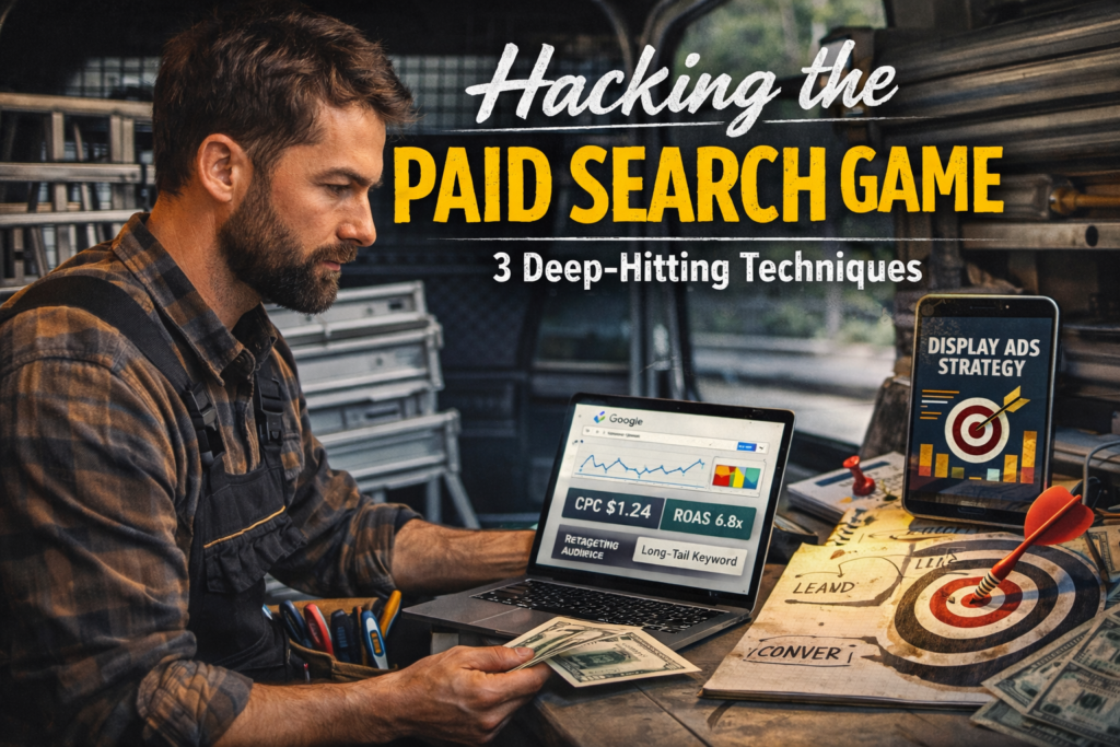 Man in work attire at desk with cash, laptop displaying paid search stats, dartboard labeled "Display Ads Strategy," Hook Agency tip.