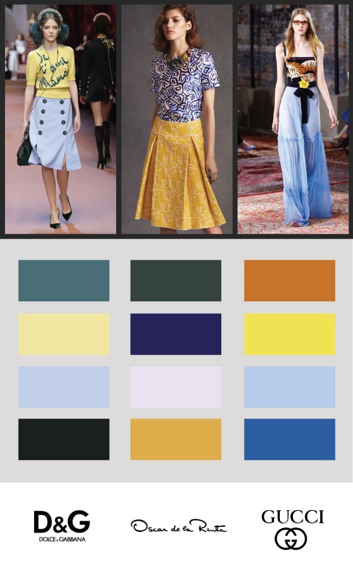 Color Schemes for high fashion. Blue and Yellow from Dolce and Gabbana, Oscar De La Renta and Gucci
