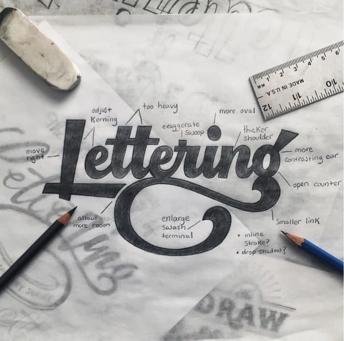 TierneyStudio on Instagram, Lettering - kerning, move right, exaggerate swoop, more oval, more contrasting ear, enlarge swash terminal, hand-lettering with notes
