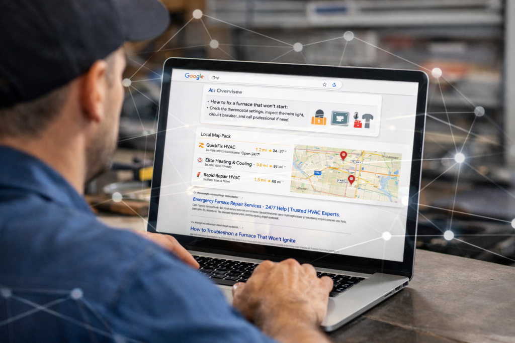 Person searches Google for furnace repair; screen shows top-ranked sites and local HVAC map, illustrating Google’s algorithm impact.