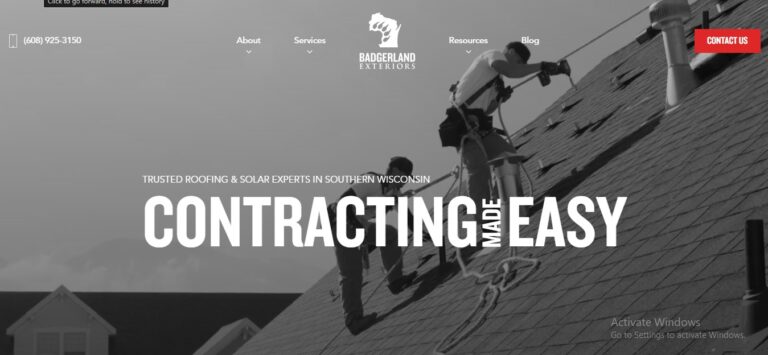 Two workers shingle a roof with safety gear. Website highlights Badgerland Exteriors, contact info, “CONTRACTING MADE EASY,” and red Contact Us button.