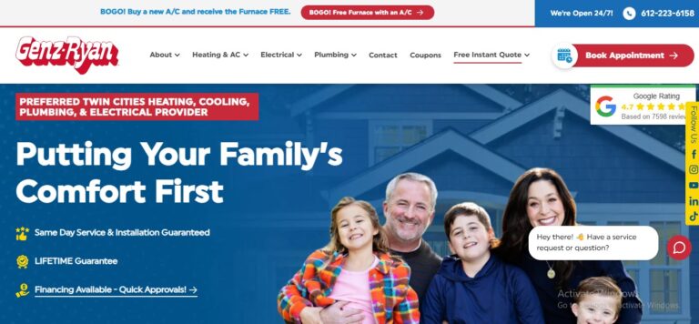 Family of five in front of blue house. Banner for Gen&Ryan highlights modern design, contact info, guarantees, and “Book Appointment” button.