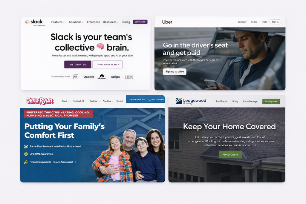 Collage of four modern websites: Slack, Uber, GenXRyan, and Ledgewood Insurance—showing effective industry-focused web design.