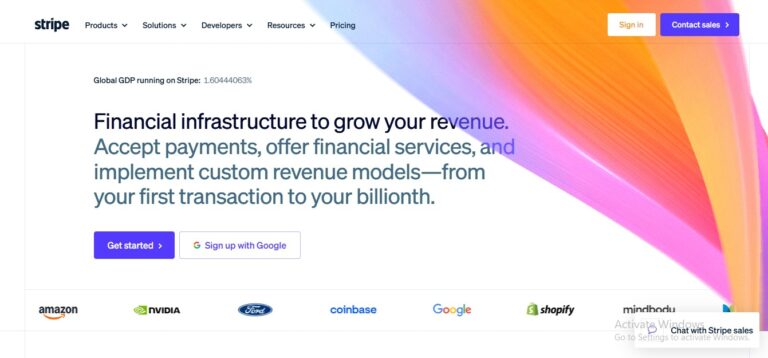 Screenshot of Stripe homepage: modern design, revenue growth tagline, sign-up options, and Amazon, Google, Shopify logos displayed.