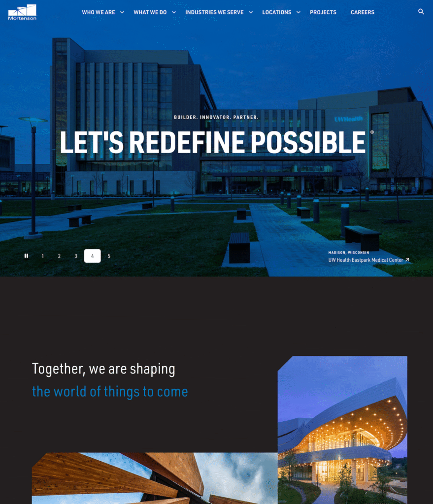 Hook Agency features Mortenson’s homepage: a modern building, “LET'S REDEFINE POSSIBLE,” top navigation, and bold visuals.
