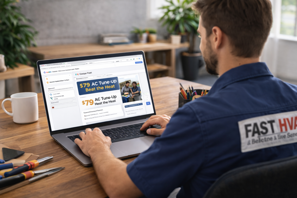 A man in a blue work shirt drafts a $79 AC tune-up promo for an HVAC client on his laptop, featuring the "Beat the Heat" slogan.