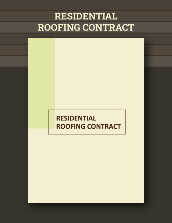 A document titled "Residential Roofing Contract" is presented with a cream-colored cover accented in light green. It features brown header and footer bars, aligning with the meticulous design of professional roofing estimate templates.