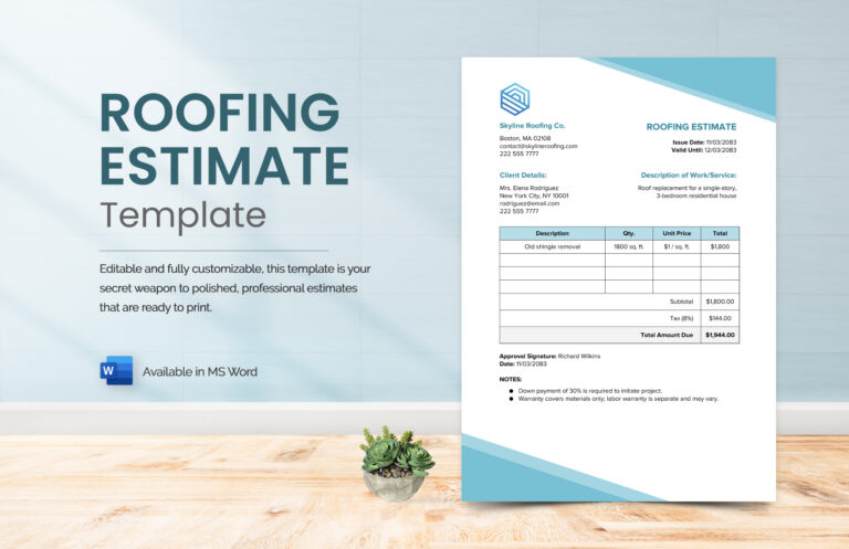 Download our Roofing Estimate Template, designed for clarity and precision. This template includes sections for client details, an itemized list of services and costs, and the total amount due. Available in MS Word with sleek geometric design elements to enhance professionalism.