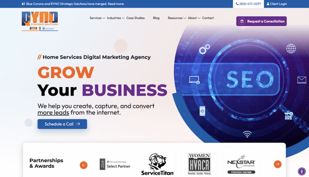 Hook Agency homepage with "GROW YOUR BUSINESS" headline, blue “SEO” graphic, menus, consultation button, and partner logos.
