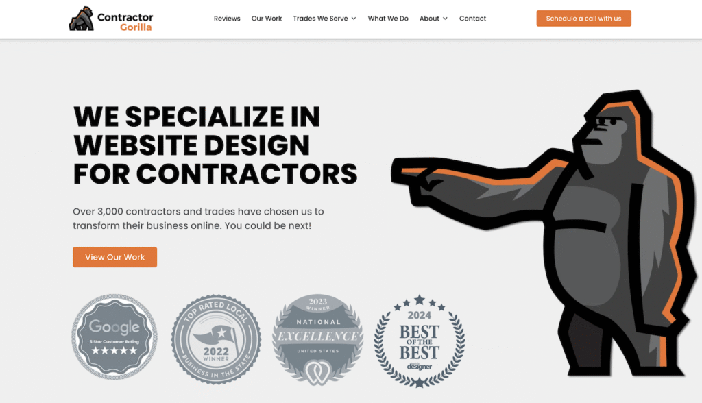 Hook Agency homepage showcases "We specialize in website design for contractors," a pointing gorilla, badges, and CTA buttons.