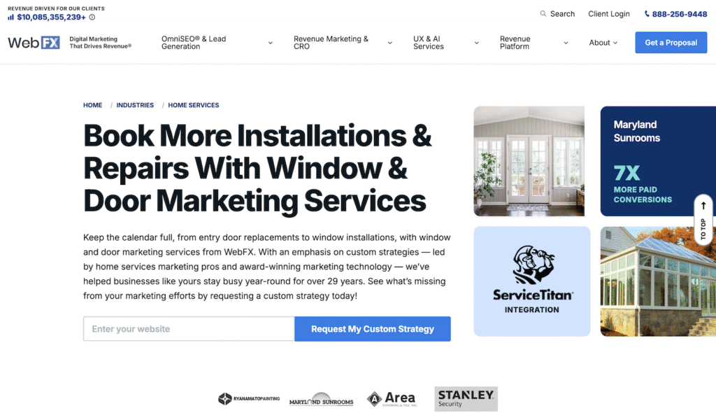 WebFX marketing page on Hook Agency site highlights window and door services, with sidebar ads and a blue “Request My Custom Strategy” button.