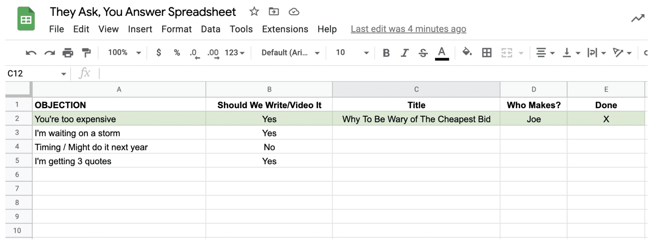 They ask, you answer spreadsheet