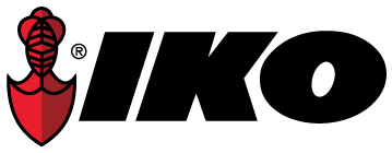 IKO logo with a red and black stylized shovel left of bold black "IKO," showcasing roofing expertise. Registered trademark shown.