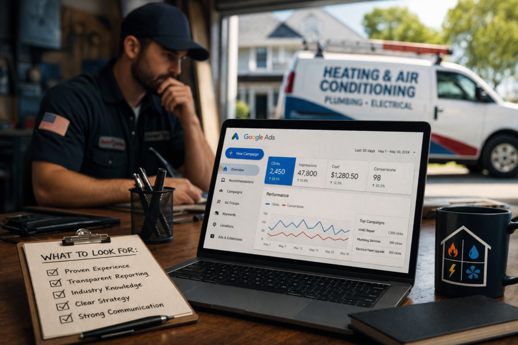 Google Ads analytics on a laptop, checklist and mug on desk; plumber calls as SEM van for HVAC businesses is parked outside.