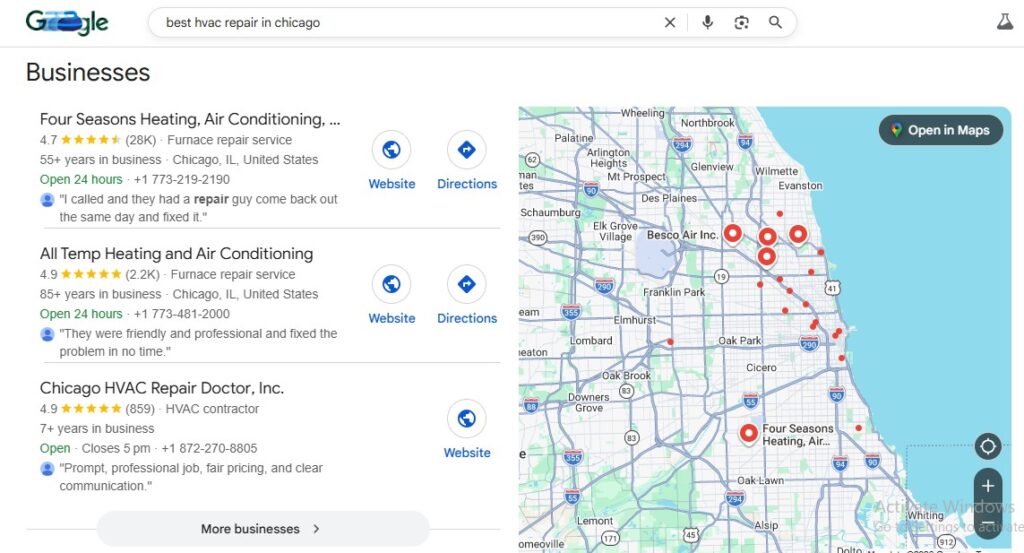 Top three HVAC repair businesses in Chicago, with ratings, addresses, map locations, and actionable website and directions links.