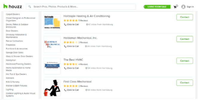 Houzz search results display HVAC providers’ names, ratings, reviews, call/contact buttons, and distance—streamline lead generation.