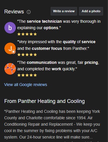 Screenshot of Panther Heating and Cooling’s Google reviews: five-star HVAC service, pricing, quality, and a summary of customer care strategy.