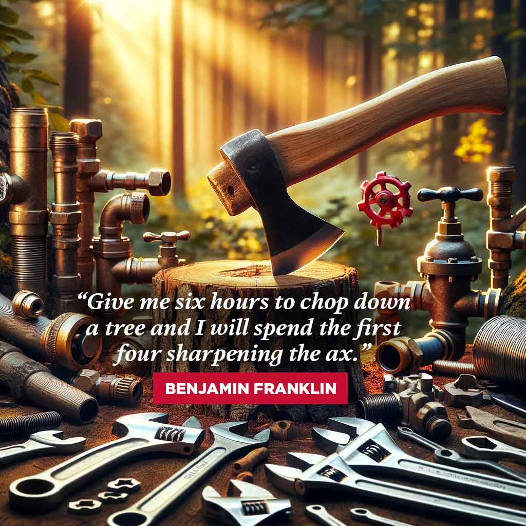 Benjamin Franklin quote  “Give me six hours to chop down a tree and I will spend the first four sharpening the axe.”