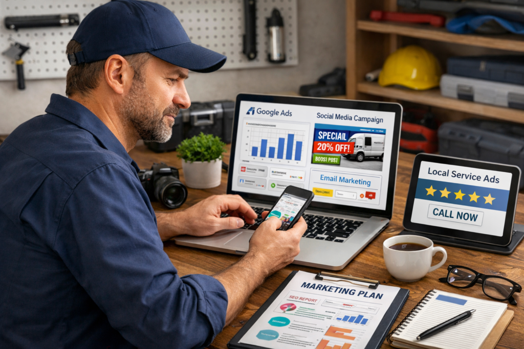 Professional marketer at desk utilizes laptop, tablet, and phone to strategize impactful home services marketing campaigns.