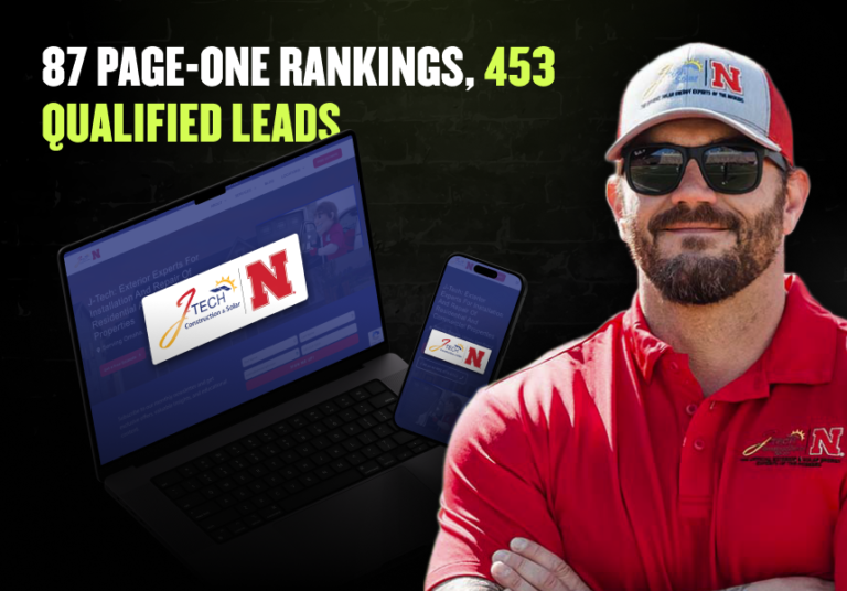 Smiling man in red stands by laptop and phone showing J-Tech site; above: “87 page-one rankings, 453 qualified leads” in green.