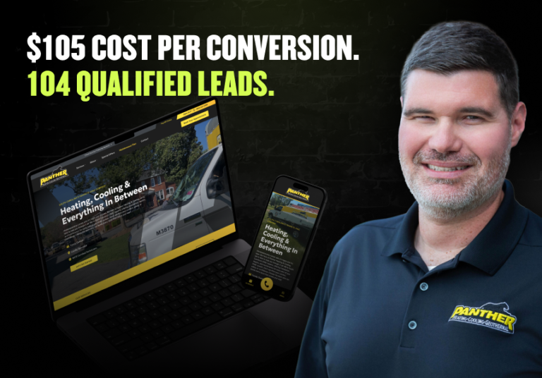 Panther Air Care owner beside devices showing their website: $105 cost per conversion, 104 qualified leads via Hook Agency.