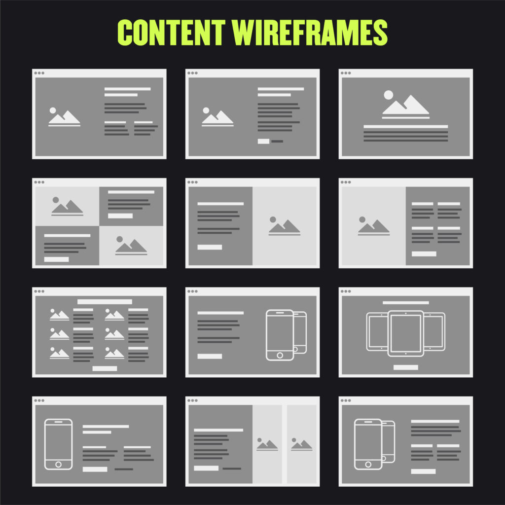 Grid of 12 content wireframes showing image and text placeholders in grey and white on a black background for Hook Agency.