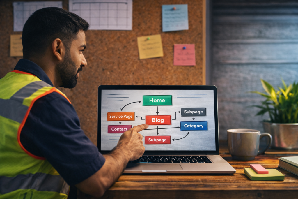 On Hook Agency’s site, a safety-vested user points at a clear website structure diagram on a laptop; desk holds mug, notebook.
