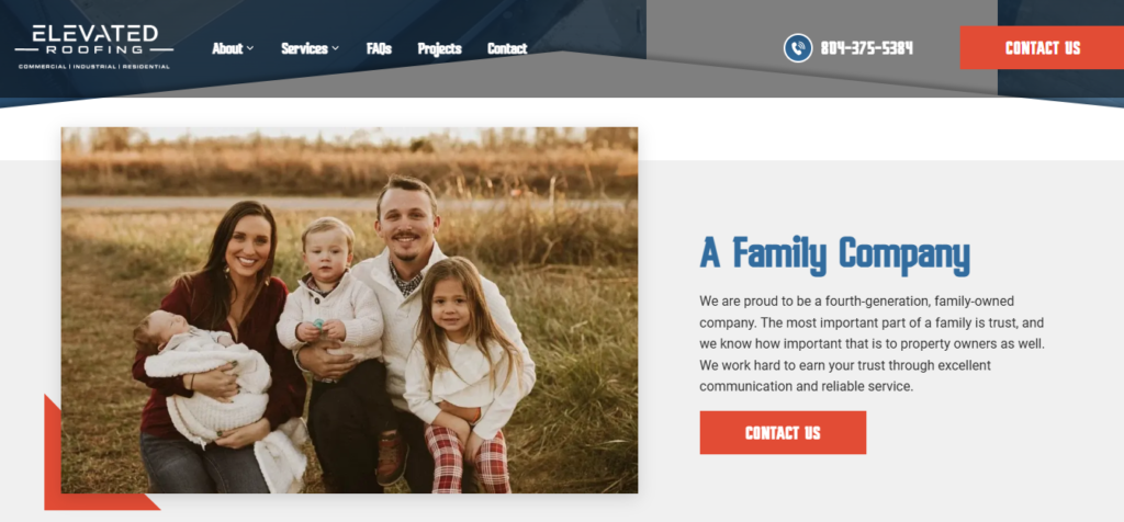 Family of five sits on grass; parents hold two kids, one child in front. "A Family Company" text and red "Contact Us" button visible.
