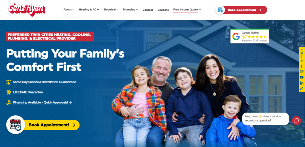 A smiling family of five in front of a house. Hook Agency site shows booking, HVAC, plumbing, electrical, and 4.7/5 Google rating.