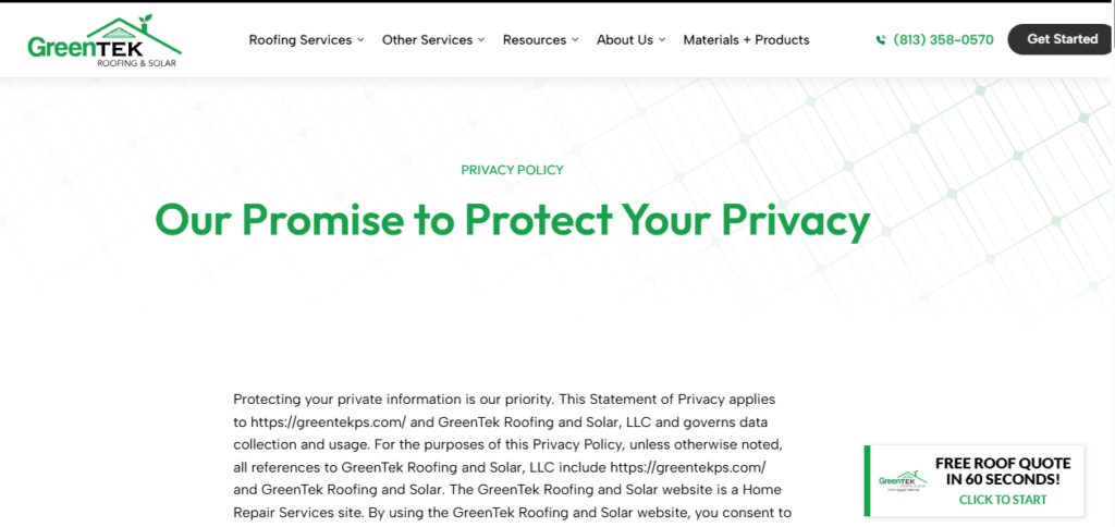 Screenshot of GreenTek Roofing & Solar’s privacy policy on Hook Agency, showing strong data protection commitment and top navigation links.
