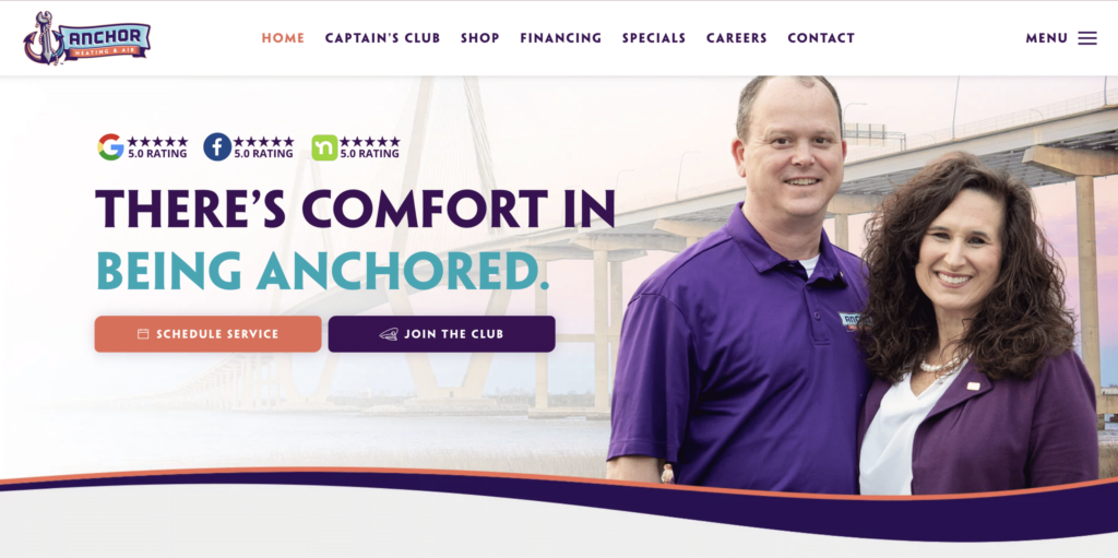Man and woman smiling by a bridge, Anchor Heating & Air branding, actionable buttons to schedule or join; "There's comfort in being anchored.