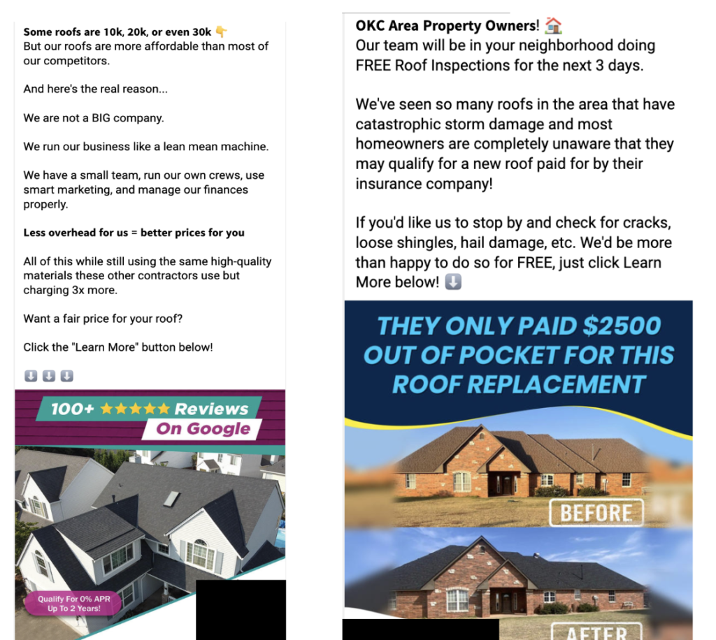 **Left Ad: Affordable Roofing Services with Stellar Reviews**
Discover top-notch roofing solutions at unbeatable prices. Benefit from significant savings and join countless satisfied clients who trust our proven expertise. Experience the impact of effective roofing marketing today.

**Right Ad: Free Roof Inspections After Storms**
Ensure your roof's integrity with a complimentary inspection after recent storms. See the stunning transformation showcased in our before-and-after images of expertly renovated roofs. Reach out now for peace of mind and quality assurance.