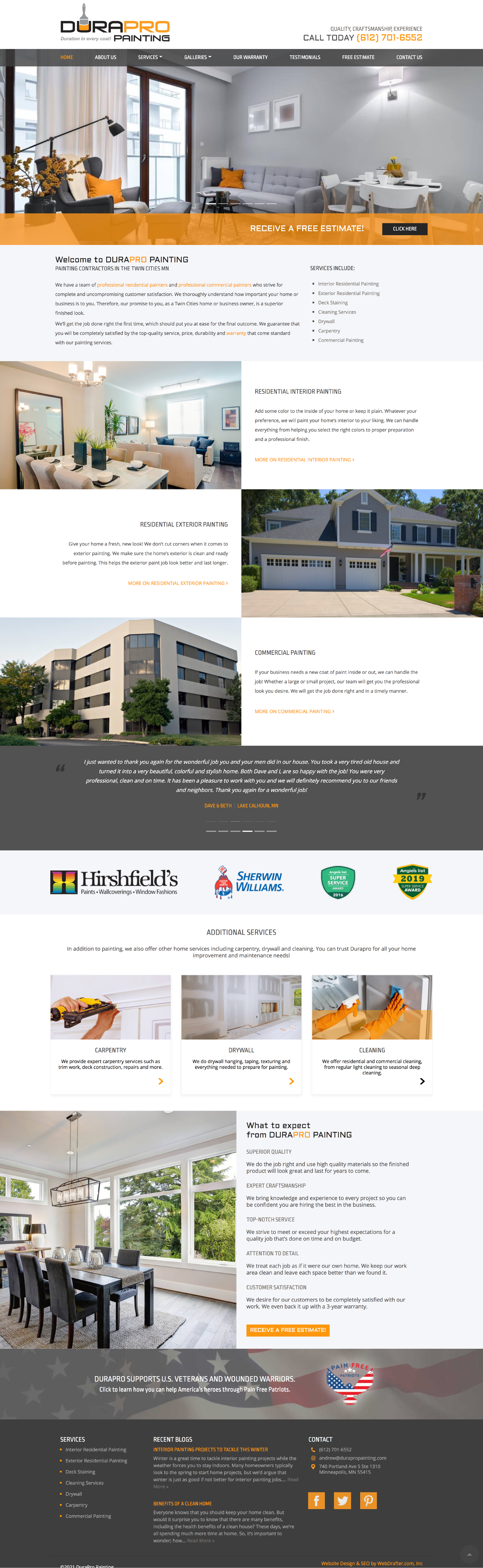 Here is a great example of painting contractor website design from DuraPro Painting