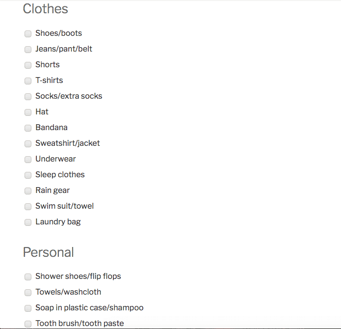 Love outdoors camping list