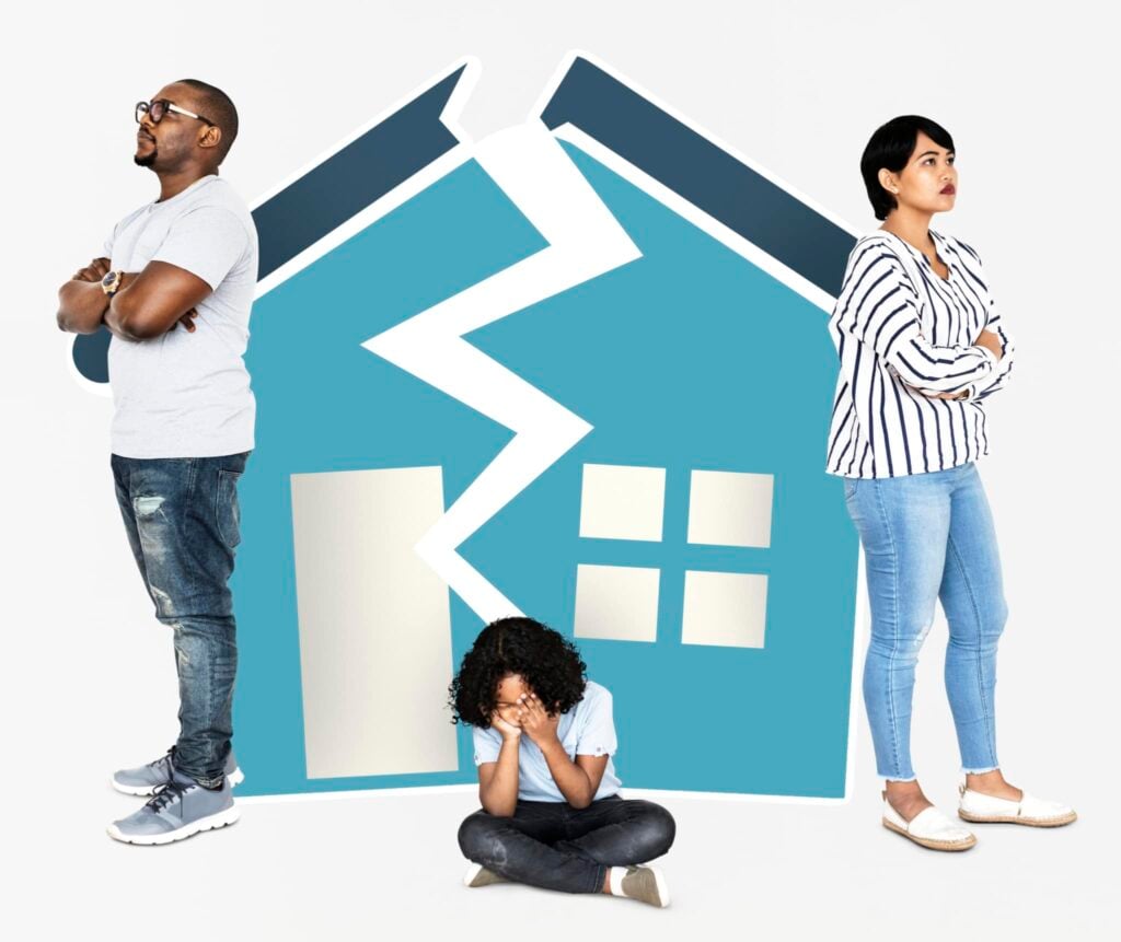 A man and a woman stand back-to-back in disagreement, with their child sitting on the floor, face buried in their hands. A split house illustration looms behind them, symbolizing a fractured home. It seems like a task for expert roofers to bridge this divide.