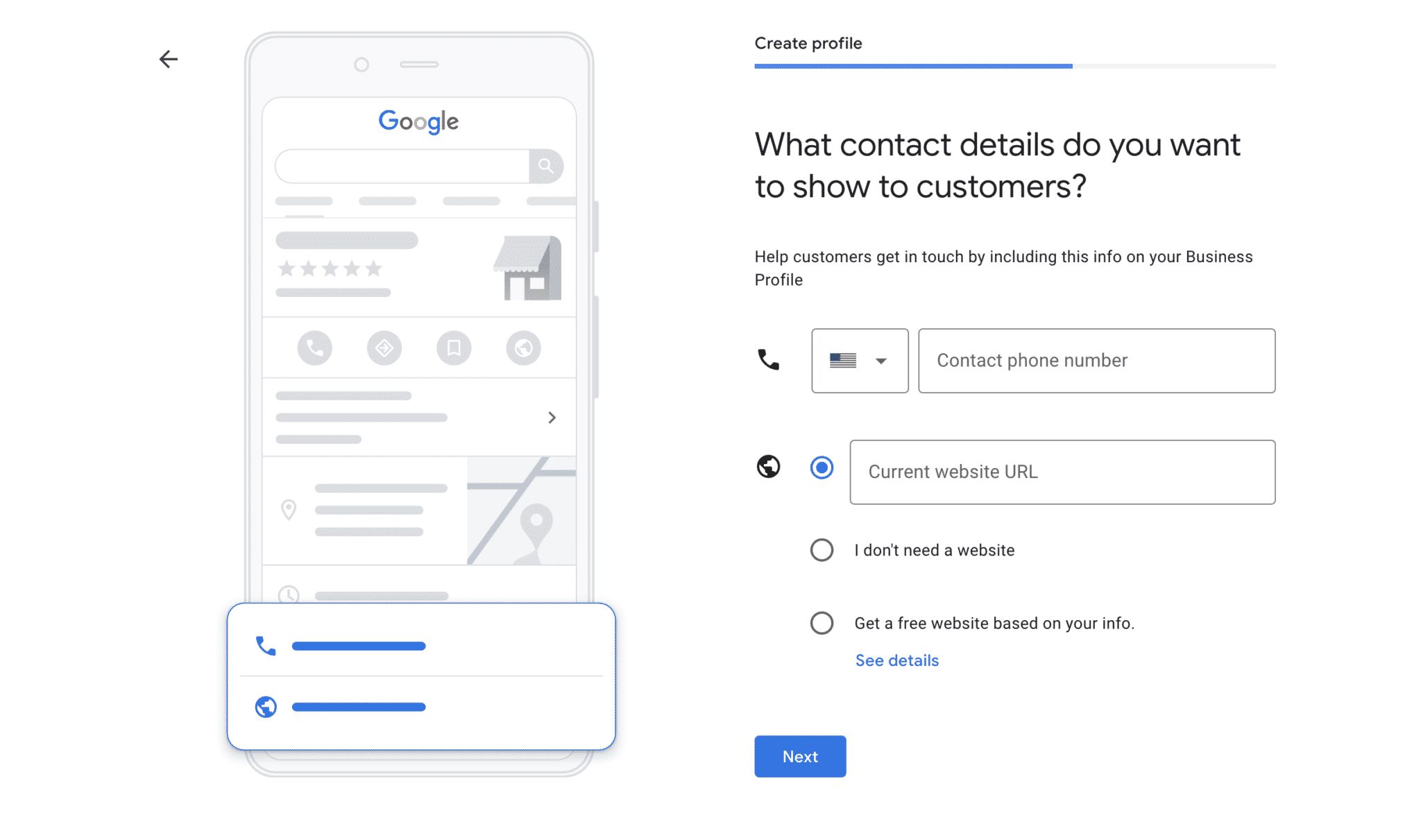 google my business contact details page