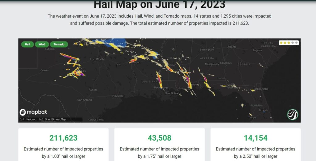 HailTrace's map identifies key U.S. regions impacted by severe weather on June 17, 2023. It estimates property damage from hail sizes as follows: 211,623 properties affected by 1.00-inch hail, 43,508 by 1.75-inch hail, and 14,154 by 2.50-inch hail.