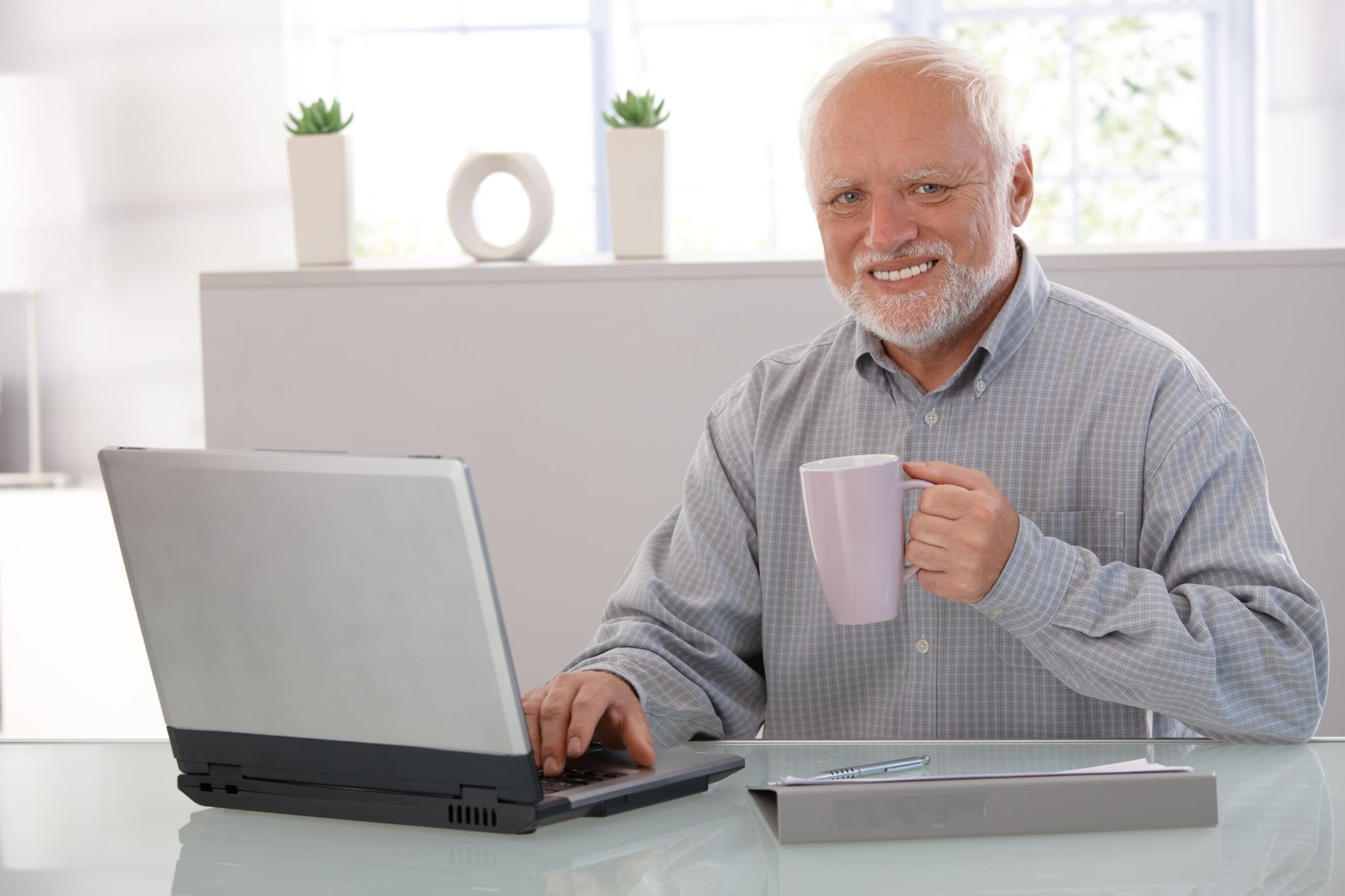 Hide the pain harold- old man with computer meme