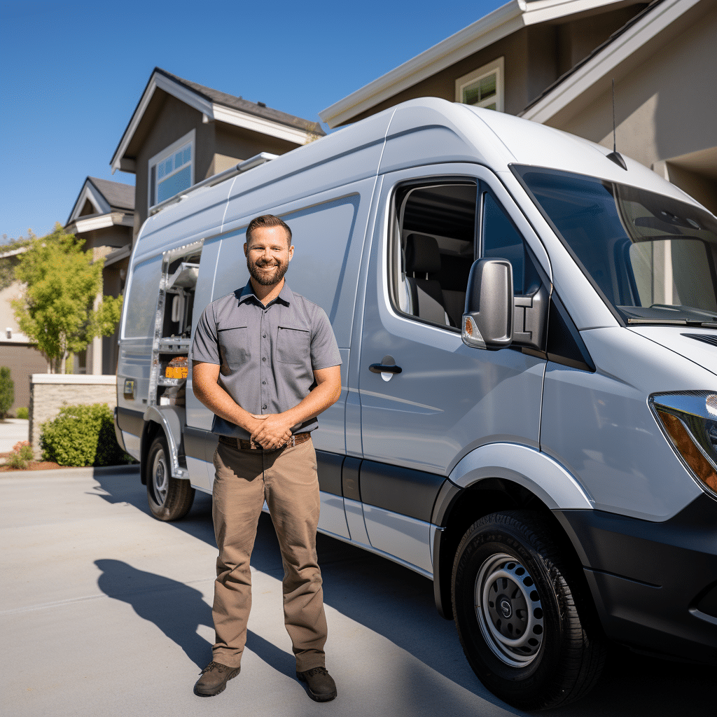 A smiling individual confidently stands in front of a white delivery van, exemplifying their company’s dedication to home services. Dressed in a gray shirt and beige pants, they are positioned in a residential driveway, with houses and trees under the clear sky visible behind them.