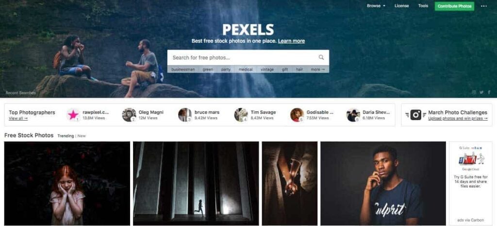 Pexels homepage from 2018 featuring a search bar and various photographer profiles.