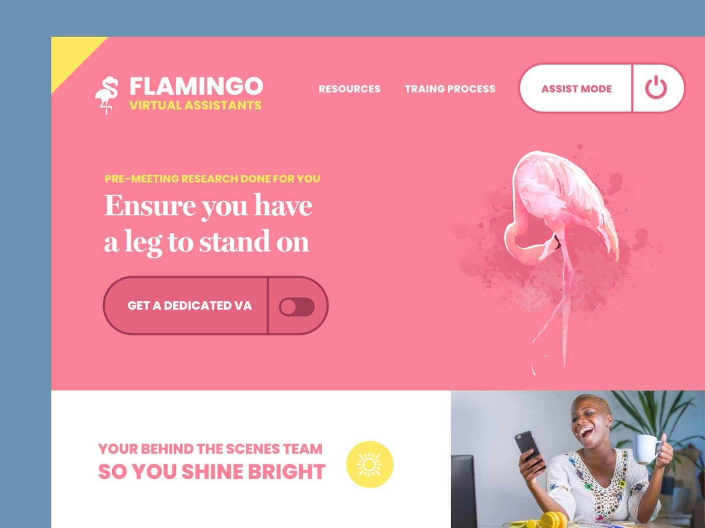 The "Flamingo Virtual Assistants" website features a contemporary design highlighted by a pink backdrop and a flamingo graphic. It presents a clear heading focused on pre-meeting research. A prominent call-to-action button accompanies an image of a smiling individual holding a phone and mug, offering up-to-date examples from September 2020.