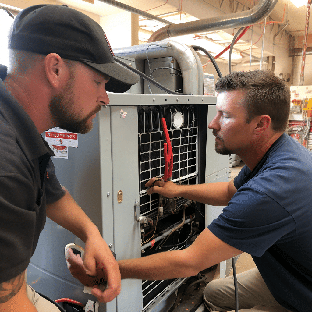 HVAC technicians training at trade school, ac unit