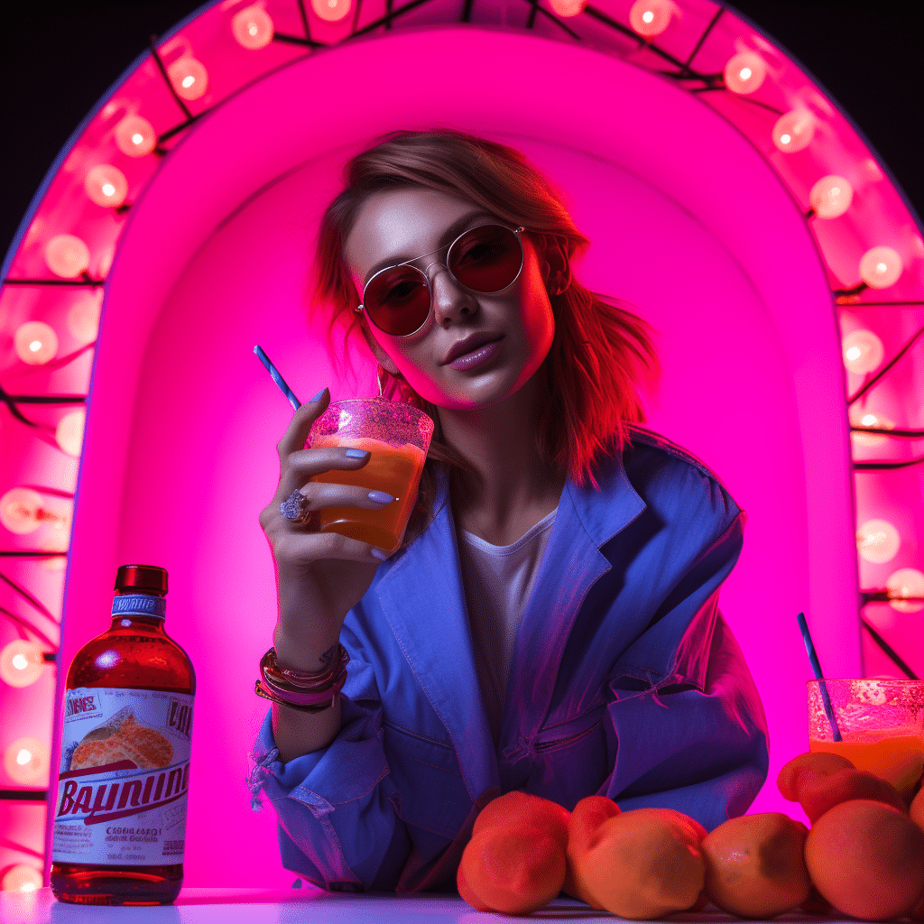 A person in a denim jacket and sunglasses confidently holds a drink against a vibrant, neon-pink circular backdrop. A bottle and fresh oranges on the table complete this stylish, influencer-inspired scene. The colorful setting embodies a lively atmosphere, perfectly attuned for 2024 marketing campaigns.