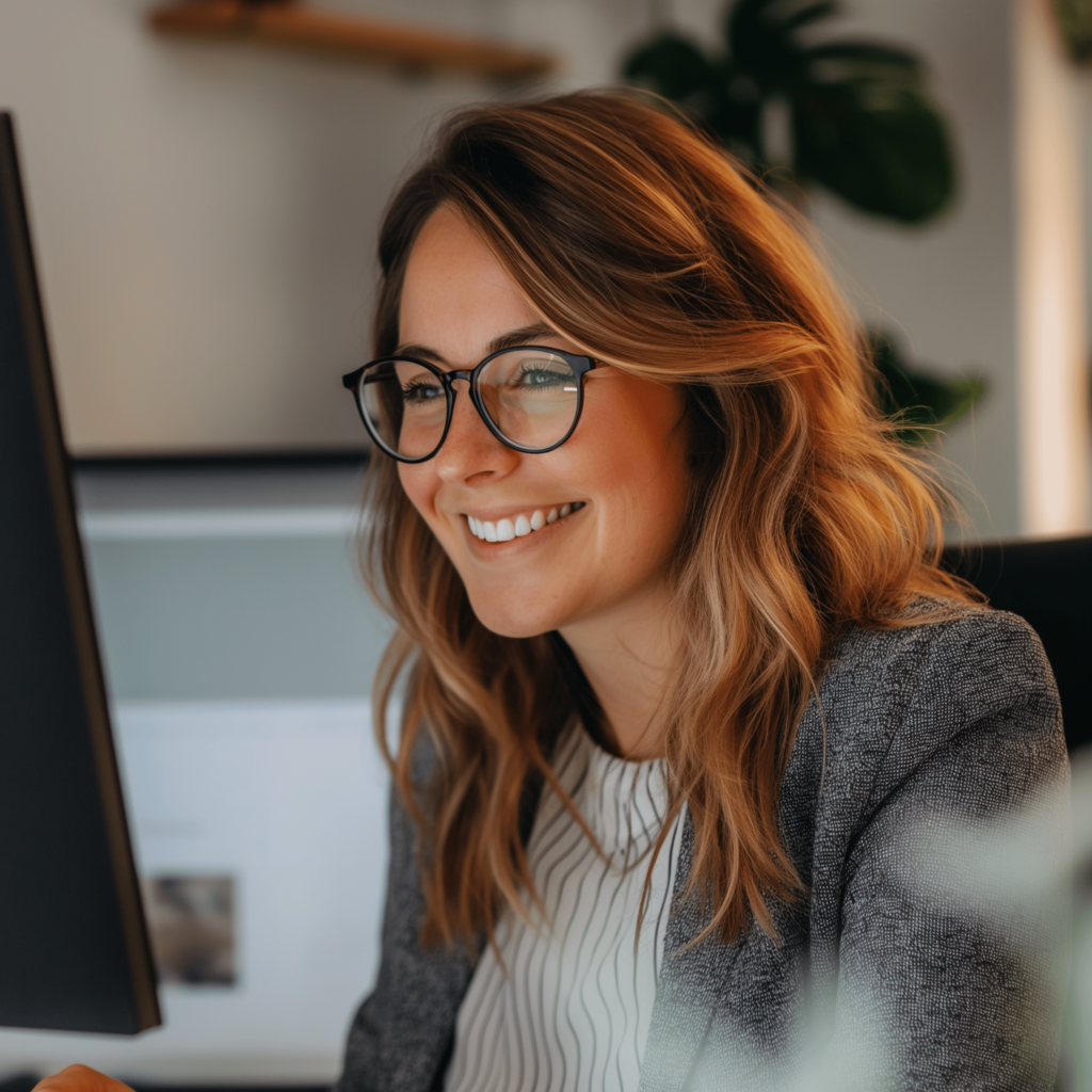 A professional woman with long, wavy hair and glasses smiles as she expertly navigates a website redesign in her well-organized office. Wearing a blazer over a striped shirt, she exudes confidence and style. The thoughtfully arranged space features blurred plants and shelves in the background, enhancing the workspace ambiance.