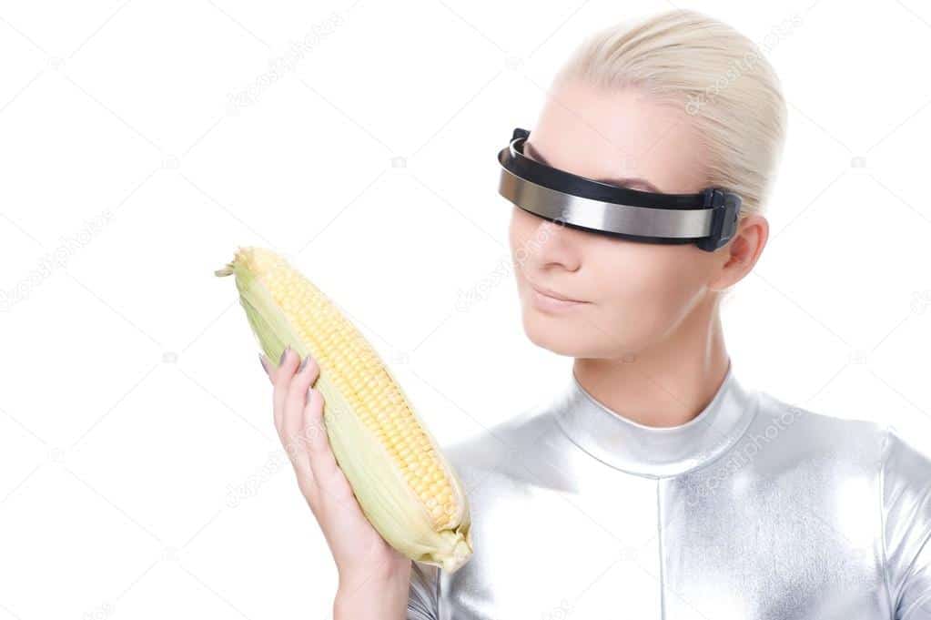 Woman with corn and visor - strange stock photos - meme stock
