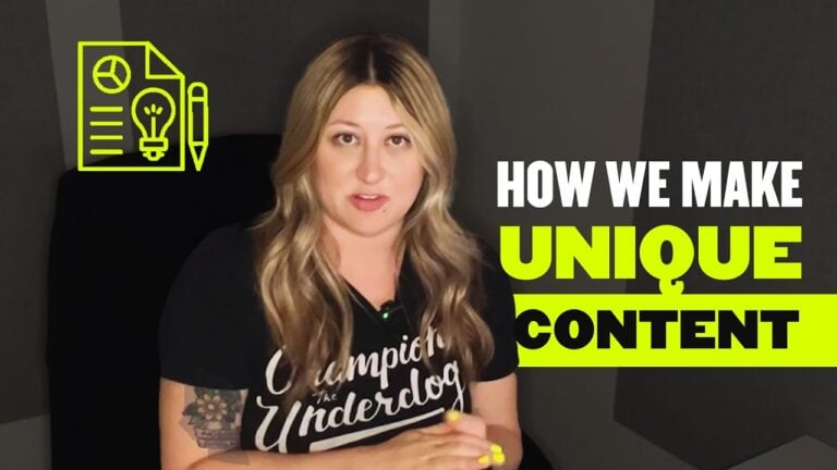 On Hook Agency's website, an individual with long hair is pictured wearing a "Champion the Underdog" shirt against a dark background. In the top left corner, a graphic shows icons of a document, pen, and lightbulb. To the right, bold text states: "HOW WE MAKE UNIQUE CONTENT," emphasizing our cutting-edge SEO strategies in content marketing.
