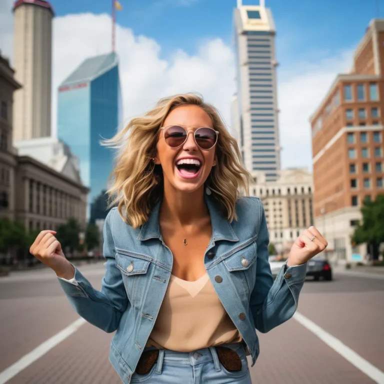 A blonde woman in sunglasses and a denim jacket smiles confidently on a busy Indianapolis street, with modern skyscrapers rising against the clear blue sky, mirroring contemporary web design.