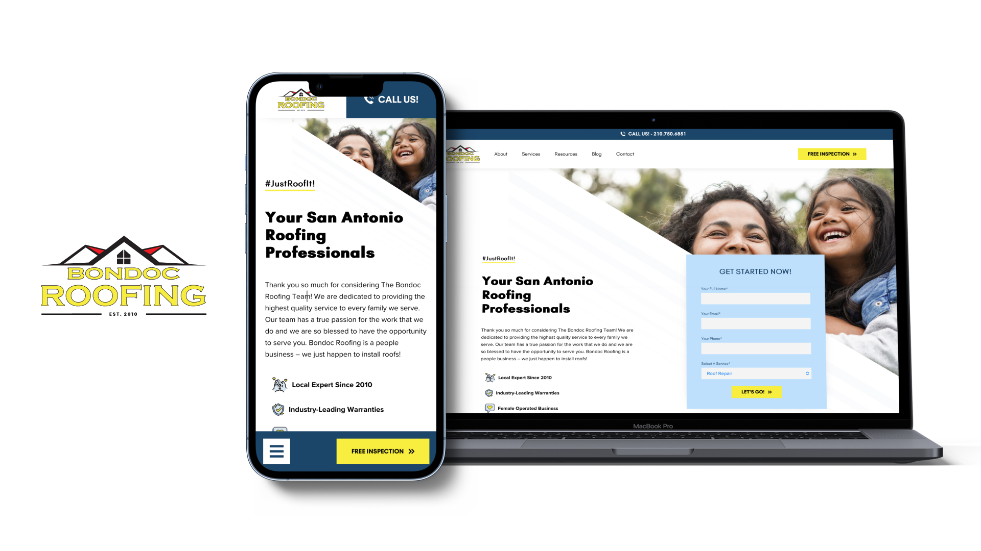 Screenshot of Bondoc Roofing's San Antonio website design, showcasing user-friendly navigation, local roofing services, and a modern layout that highlights Bondoc Roofing’s expertise in roof repair and replacement for San Antonio residents.