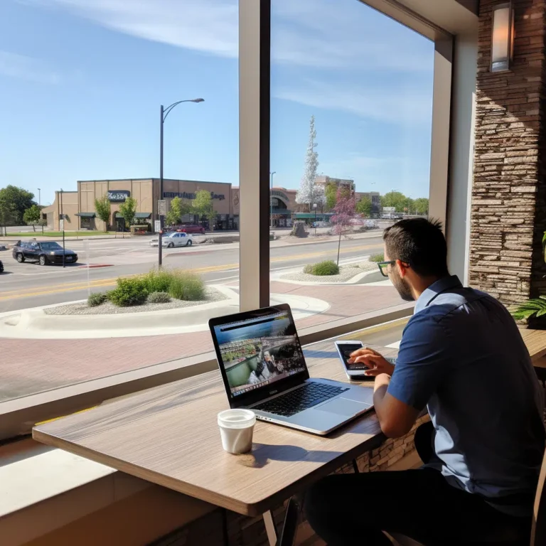 Man working on his computer with a view of the Indianapolis skyline, symbolizing the local expertise of an Indianapolis SEO agency focused on enhancing search rankings and driving traffic for businesses in the Indianapolis area through tailored SEO strategies.