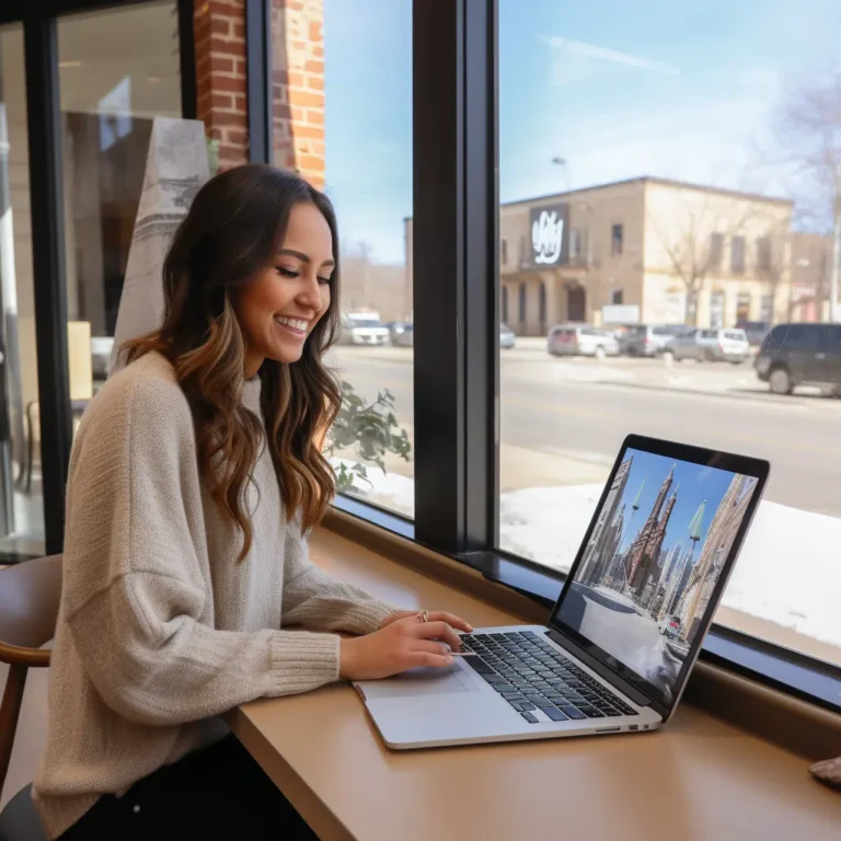 At a window-side table, an individual eagerly navigates Sioux Falls web design on their laptop. The view blends the bustling street and nearby "Lily" building with vibrant historical architecture displayed on their screen, reflecting a perfect synergy of tradition and modern technology.